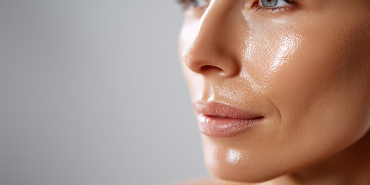close-up of cheek with luminous hydration layer and reflected light, blurred lab background, premium skincare branding
