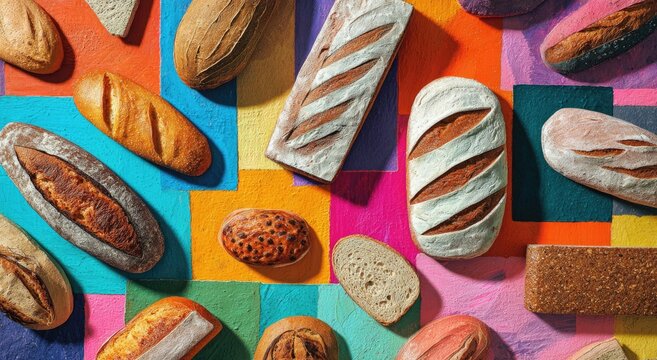 Assortment of Freshly Baked Artisan Breads on Colorful Background.