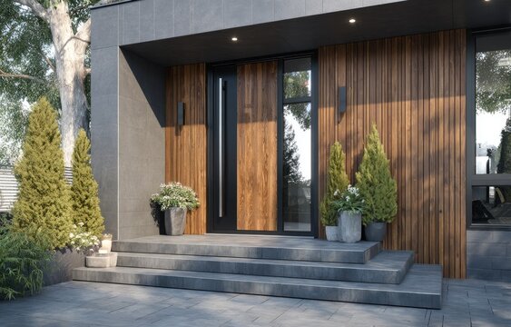 Modern Luxury Home Entrance with Natural Wood Accents and Landscaping.