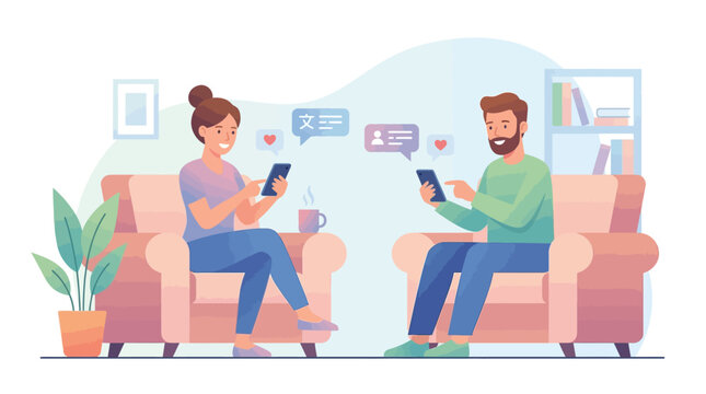 Young Couple Chatting on Smartphone Online Dating Flat Vector Illustration
