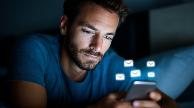 Man lying awake at night using smartphone with glowing notifications symbolizing insomnia caused by social media addiction