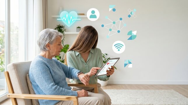 Elderly woman consulting with caregiver or nurse using smart tablet for health monitoring at home senior checking medical data on screen telemedicine concept with digital icons