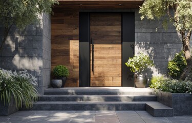 Fototapeta premium Modern Luxury Home Entrance with Large Wooden Doors and Stone Facade.