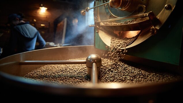 Fresh Coffee Beans Roasting in Industrial Machine with Steam.