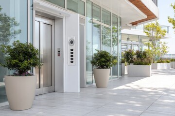 Fototapeta premium Modern Building Entrance with Elevator and Potted Plants.