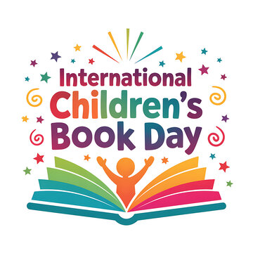 International Children's Book Day colorful illustration with open book and starburst