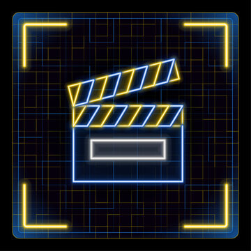 Clapperboard icon. Glowing neon icon with border grid vector, editable strokes graphic style.