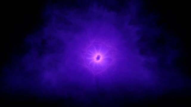 Abstract glowing purple and pink luminescent orb emanating radiant light against deep blue dark background for digital design and video effects.