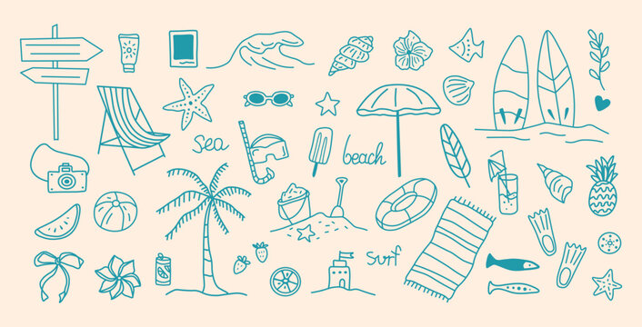 Sea vacation doodle hand drawn vector illustrations in turquoise color. Summer whimsical elements of mediterranean ife and relaxing on the beach.