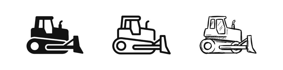 Naklejka premium Bulldozer Construction Vehicle Icon, Heavy Equipment Dozer Outline and Doodle