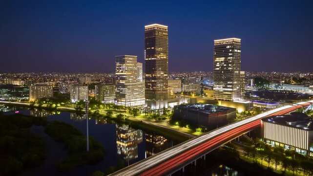 A modern metropolitan city at night, aerial view of illuminated skyscrapers and highway traffic