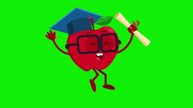 Apple Cartoon Character Graduate Student Celebrating With Diploma Certificate &ndash; 4K Animation Video Motion Graphics With Chroma Key Green Screen Background