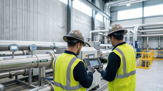 Two industrial engineers inspecting machinery in a factory using tablet technology checking pipes and gauges