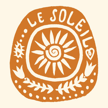 Elegant hand-drawn lettering Le Soleil The Sun in modern calligraphy style. Decorative typography with artistic strokes, perfect for posters, greeting cards, branding, packaging, apparel design, and