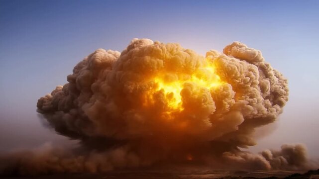A massive nuclear explosion in a barren desert, iconic mushroom cloud rising rapidly