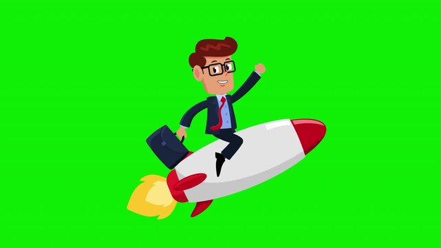 Businessman Cartoon Character On A Rocket Successful Start Up &ndash; 4K Animation Video Motion Graphics With Chroma Key Green Screen Background