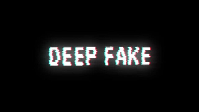 Deep Fake glitch 8-bit pixel text animation RGB distortion digital manipulation warning black background
