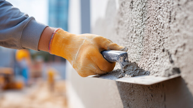 Faceless hands in professional work gloves using a stainless steel trowel to apply a thin layer of mineral plaster on an exterior wall, representing eco-friendly and breathable fac