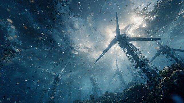 Wide-angle view of an underwater wind turbine farm with sunlight rays filtering through water, floating particles and marine environment