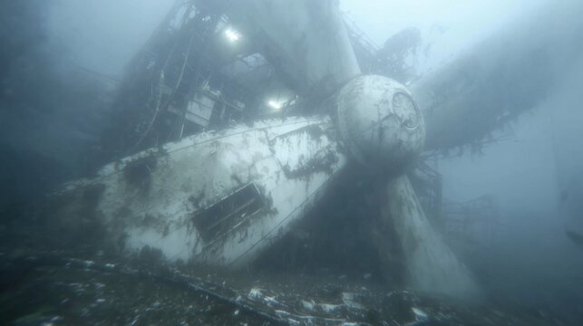 Abandoned underwater wind turbine, decaying offshore energy structure, post apocalyptic ocean scene