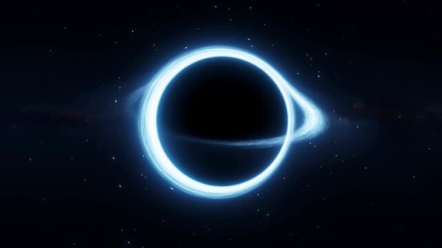 A supermassive black hole in deep space, glowing accretion disk swirling rapidly around it