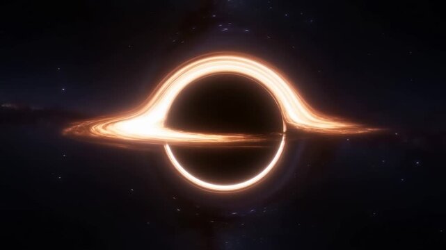 A supermassive black hole in deep space, glowing accretion disk swirling rapidly around it