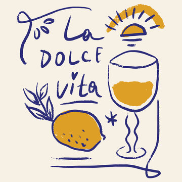 La dolce vita Mediterranean summer lemon illustration, hand-drawn ink and paint lettering, artistic sketch with vibrant fruit and leaves, aesthetic wall art vector clipart.