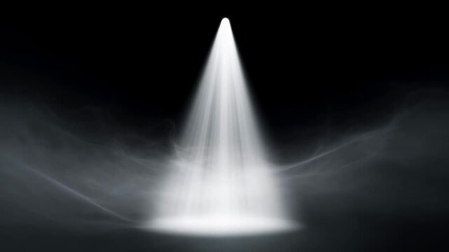 A powerful cone of white light beams downward against a dark background, creating an ethereal glow with swirling dust particles and dramatic atmospheric rays.