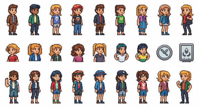 Pixel Art Characters Collection Diverse People Styles.