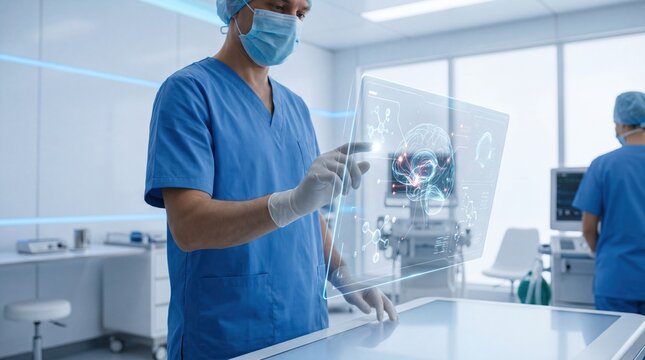 Male surgeon in scrubs analyzing holographic brain scan data on advanced digital interface futuristic medical technology concept modern operating room environment with high tech