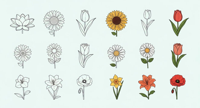 Collection of Various Flowers and Botanical Illustrations.