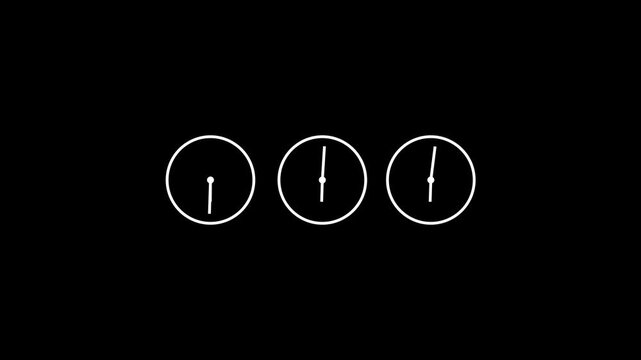 Clock spinning, watch animation on black background . Clock icon flat style 24 hours day fast speed with moving timer clock rotation.