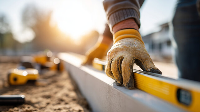 Faceless hands in protective gloves using a level to check the alignment of a starter strip for new siding, representing engineering accuracy in home improvement, bright sun, blurr