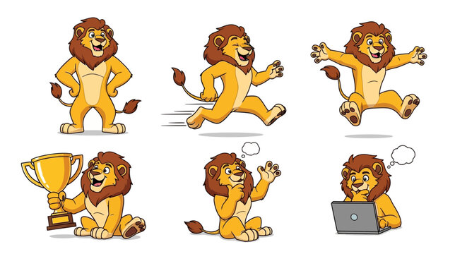 Set of cartoon lions in various poses and activities.