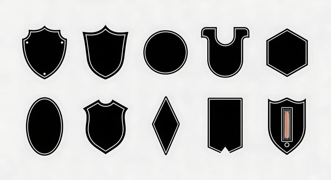 Set of black shield emblems and vintage crest shapes with outline frames for logo design collection