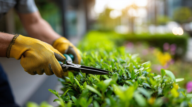 Faceless gardener in work gloves using shears to trim a lush green hedge on a hotel terrace, representing landscape maintenance and curb appeal, bright daylight, blurred garden pat