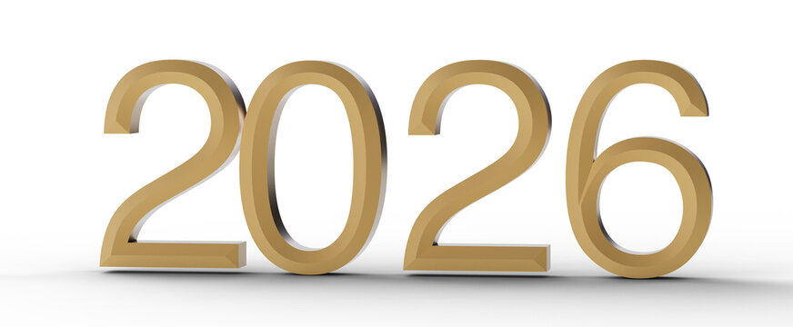 Gold 2026 year number design on white background, future, anticipation, success, new year, planning, investment, upcomin