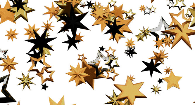 Festive abstract design featuring floating stars in gold, black, and silver on white. Ideal for holiday greetings and ce