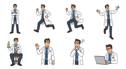Naklejka premium Doctor Character Poses Collection Medical Professional Actions.