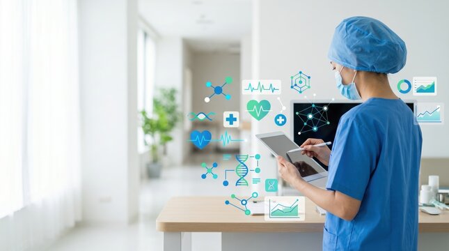 Future healthcare technology modern doctor using tablet for electronic health records medical research data analysis digital medicine concept