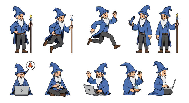 Collection of a Wizard Character in Various Poses and Activities.