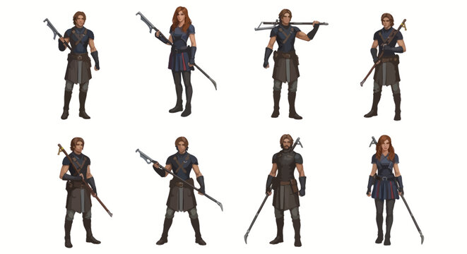 Collection of Fantasy Warrior Characters Posing with Weapons.