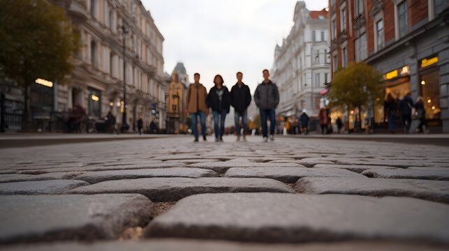 Low angle view of a street with a group of people walking past historic multi story urban architecture on an overcast day