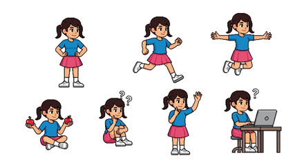 Fototapeta premium Collection of cartoon girl poses and emotions.