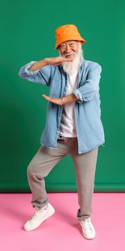 Elderly man dancing with orange hat on studio set