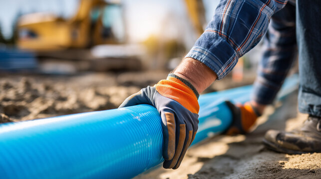 Faceless worker in safety gloves laying a blue high-density polyethylene (HDPE) water main pipe on a bed of sand, representing modern water supply infrastructure, bright natural li