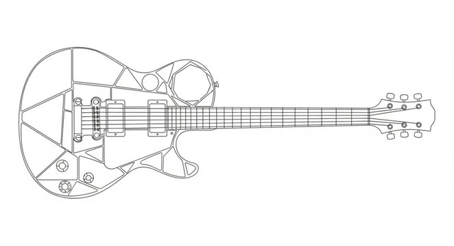 Electric guitar silhouette made of musical notes and symbols.