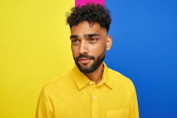 Obraz premium Young man with beard looking thoughtful against color block studio backdrop