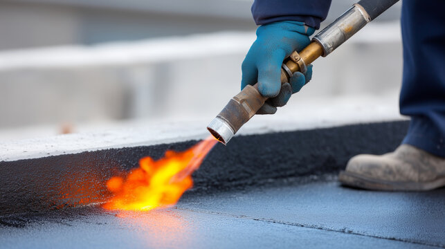 Faceless worker in protective gloves using a propane torch to melt and bond a bituminous roofing-style membrane to a foundation footing, representing torch-on waterproofing techniq
