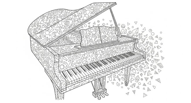 Grand Piano Composed of Musical Notes and Symbols.